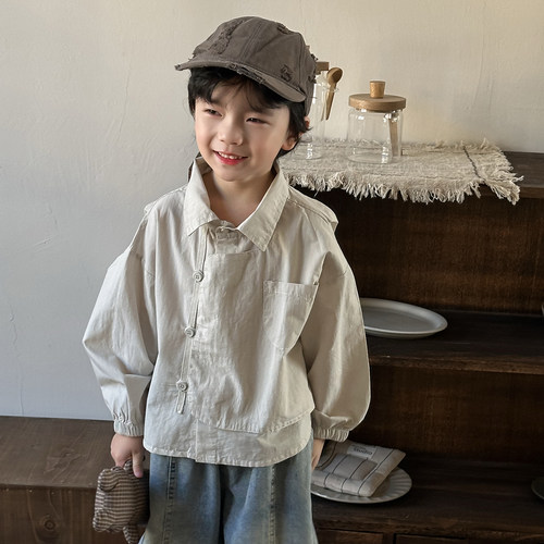 暮晨家新款春装2026男童长袖不规则双衬衫男女宝宝森系复古衬衣