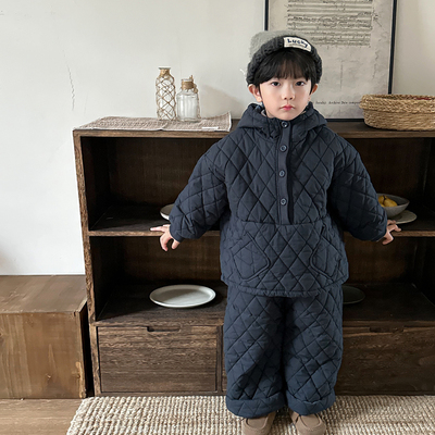 暮晨家新款冬装2025男童绗棉连帽卫衣中小童加厚保暖棉裤两件套装