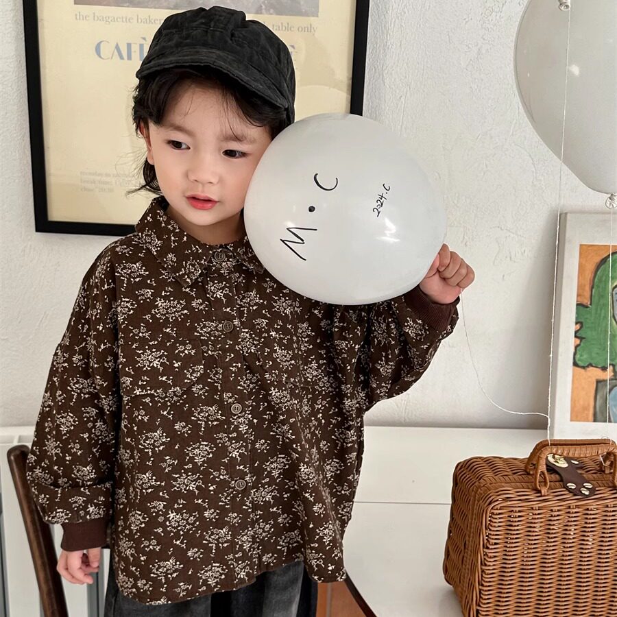 暮晨家春秋新款2026男童棉麻碎花长袖衬衫中小童森系复古衬衣外套