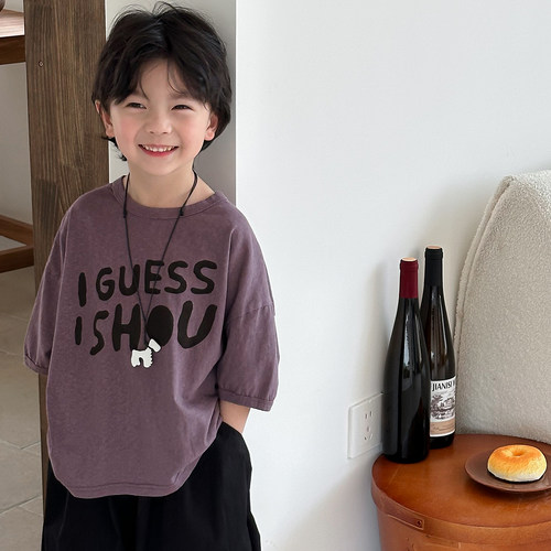 暮晨家新款夏装2026男童短袖字母T恤中小童宽松洋气五分袖上衣