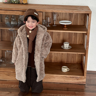 暮晨家新款冬装2024男童兔毛绒连帽大衣儿童加厚长款保暖风衣外套