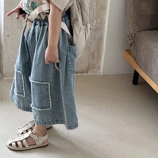 暮晨家新款夏装2025男童补丁牛仔裤中小童宽松阔腿裤七分裤乞丐裤