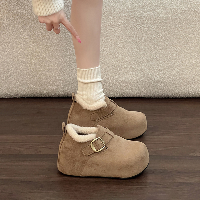 日本OFFCAT厚底内增高毛毛勃肯鞋女2025冬季加绒乐福鞋丑萌懒人鞋