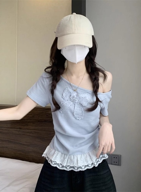 日本offcat联名斜肩短袖T恤女2025夏新款修身显瘦蕾丝拼接上衣