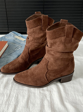 日本OFFCAT2025秋季新款复古尖头西部靴女褶皱堆堆靴粗跟中筒短靴