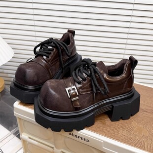 日本OFFCAT真皮厚底大头德比小皮鞋女2025冬季加绒皮带扣乐福鞋潮