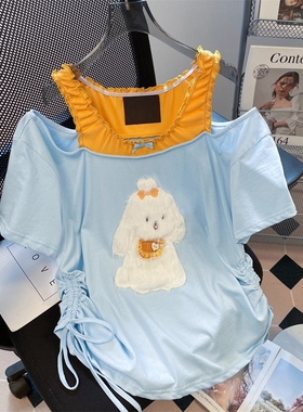 日本offcat联名甜美小狗T恤女2025夏季新款韩系露肩百搭短上衣