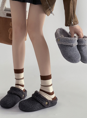 日本OFFCAT带后绊毛绒勃肯鞋女包头半拖鞋2025冬季外穿一脚蹬加绒