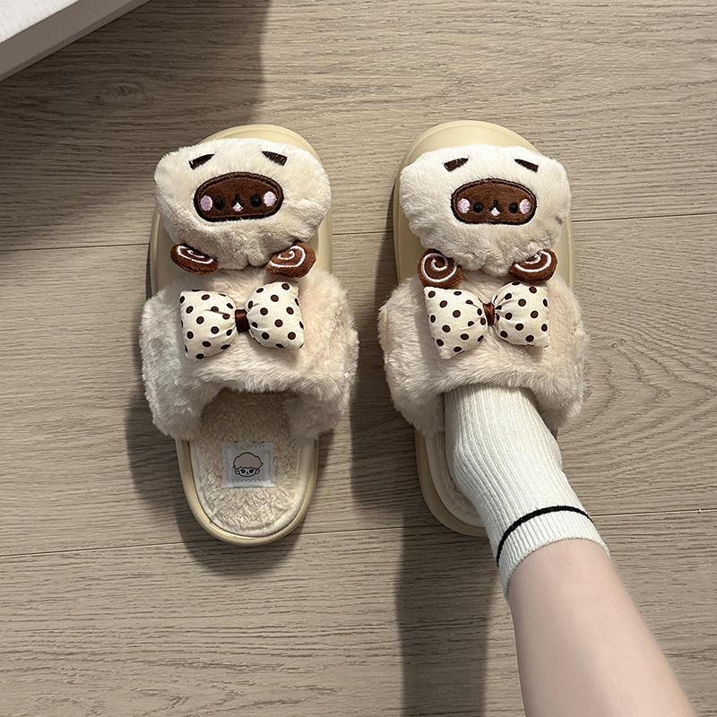 日本OFFCAT巨可爱卡通毛绒包头拖鞋女2025冬季蝴蝶结一脚蹬外穿少