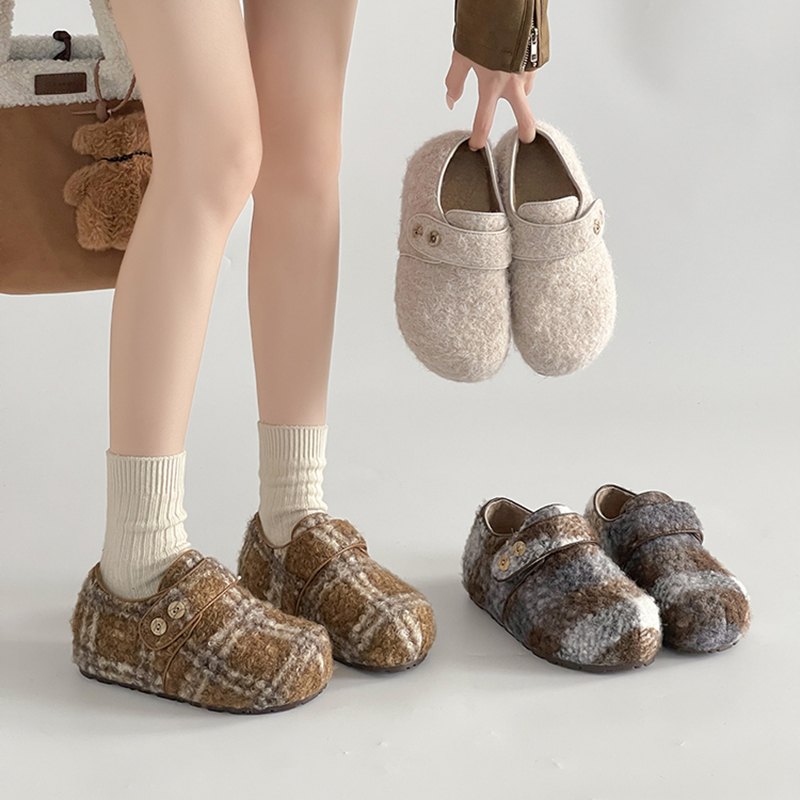 日本OFFCAT格纹复古毛绒勃肯鞋女2025冬季新款加绒保暖棉鞋皮带扣