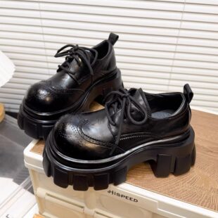 日本OFFCAT真皮厚底大头德比小皮鞋女英伦风布洛克系带粗跟单鞋潮