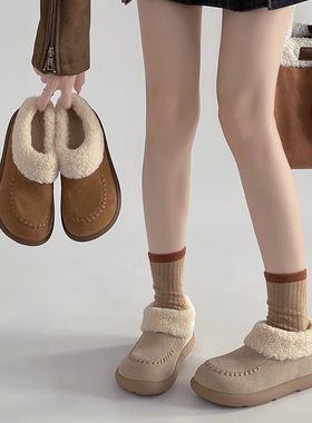 日本OFFCAT厚底加绒保暖加厚皮面雪地靴女2025冬季一脚蹬防水毛毛