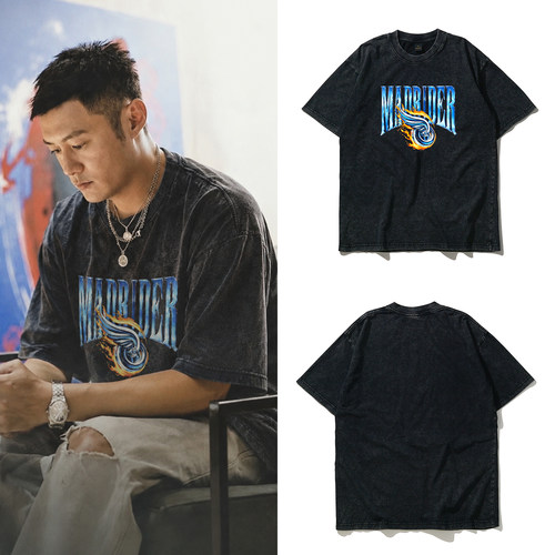 余文乐同款MADNESS MADRIDER WASHED TEE水洗扎染机车印花短袖T恤