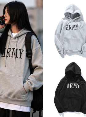 日系余文乐同款ARMY字母印花套头卫衣秋冬青少年情侣加绒宽松帽衫