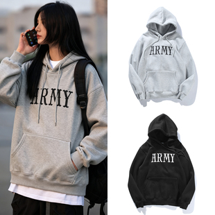 日系余文乐同款ARMY字母印花套头卫衣秋冬青少年情侣加绒宽松帽衫