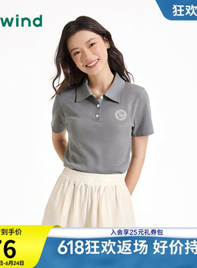 热风polo短袖T恤2026夏款女士印花复古翻领T恤灰色正肩上衣