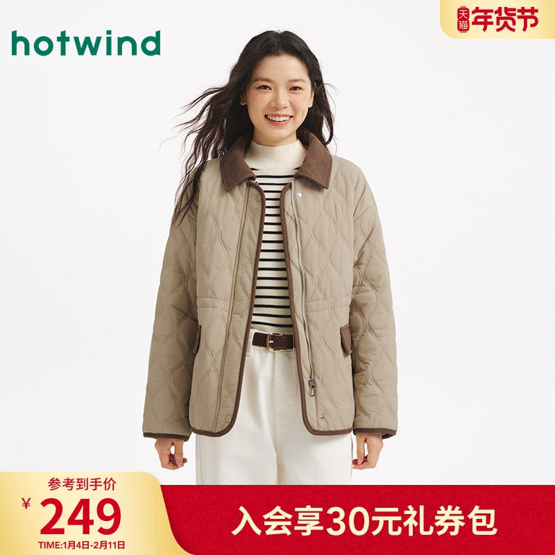 热风女士翻领棉服2025年冬季新款复古美拉德棉服夹克外套上衣