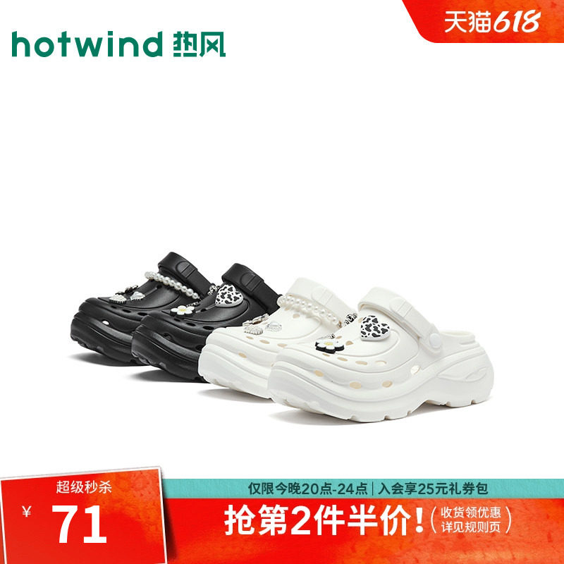 热风黑色洞洞鞋女鞋2026年春季新款包头拖鞋户外凉鞋H62W26