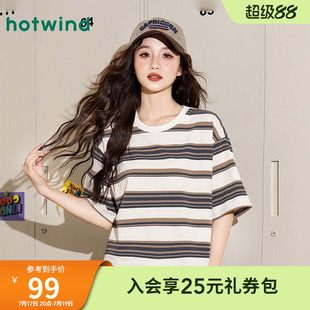 热风复古休闲宽松舒适显瘦夏季女款时尚百搭撞色条纹短款短袖T恤