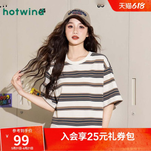 热风复古休闲宽松舒适显瘦夏季女款时尚百搭撞色条纹短款短袖T恤