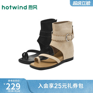 热风复古绒面时尚轻便凉靴女一字带露趾隐形增高女靴罗马凉鞋