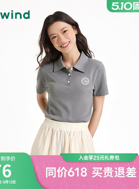 热风polo短袖T恤2025年夏季新款女士印花复古翻领T恤灰色正肩上衣