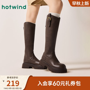 女士厚底增高长筒靴百搭棕色骑士靴子女款 新款 2024冬季 热风女鞋