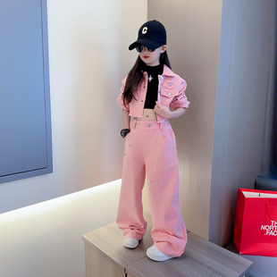 女童春装网红钉钻牛仔套装2026新款女孩韩版时尚儿童阔腿裤两件套