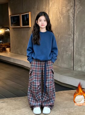 女童加绒卫衣套装2026新款格子裤