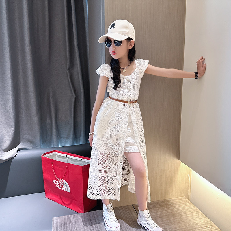 女大童三件套2025夏季新款镂空短袖开衫披肩短裤收腰腰带休闲套装