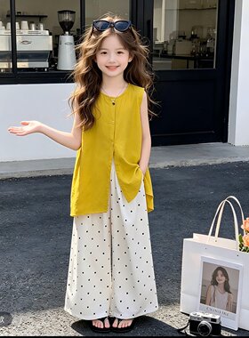 女大童夏季波点背心阔腿裤套装