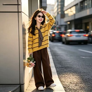 女童韩系黄色POLO领条纹套头加厚毛衣女孩秋冬慵懒宽松针织长袖衣