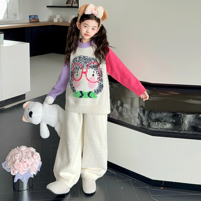 女童睡衣冬2025新款半边绒套装
