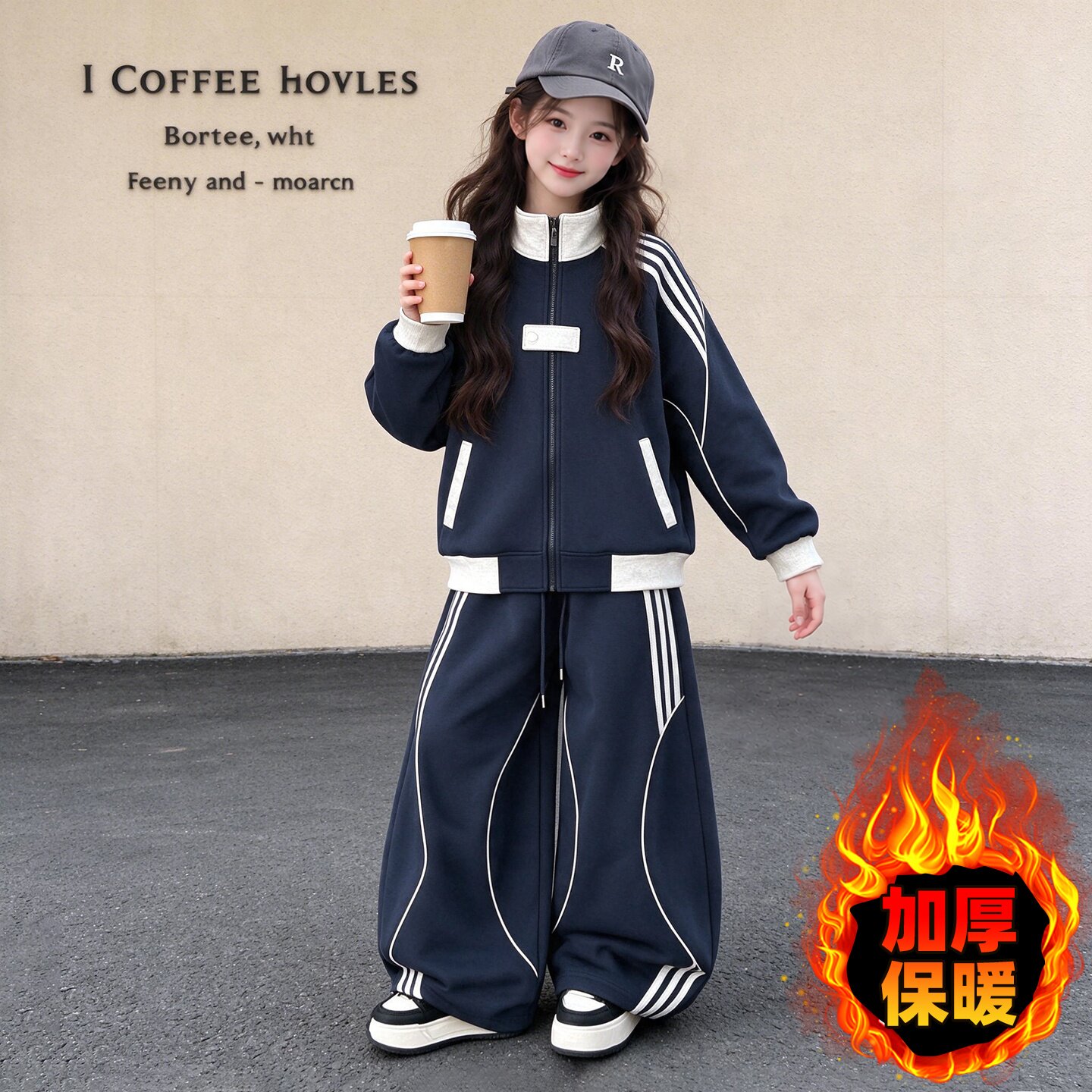女童加绒套装秋冬款2026新款中大童洋气韩版冬装加厚卫衣两件套潮
