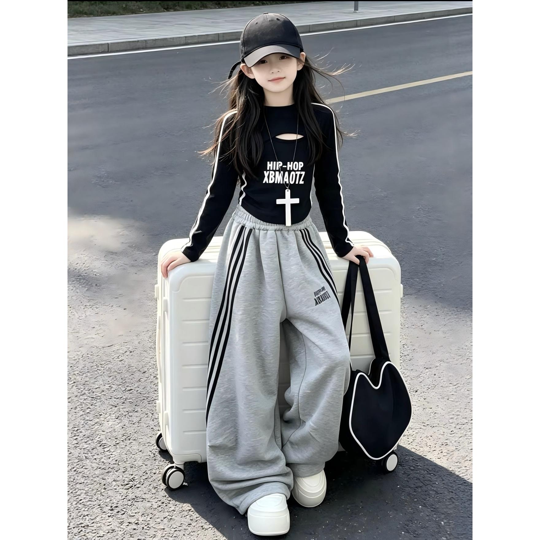 女童嘻哈风运动套装2026春秋季新款大童字母T恤阔腿裤两件套街舞