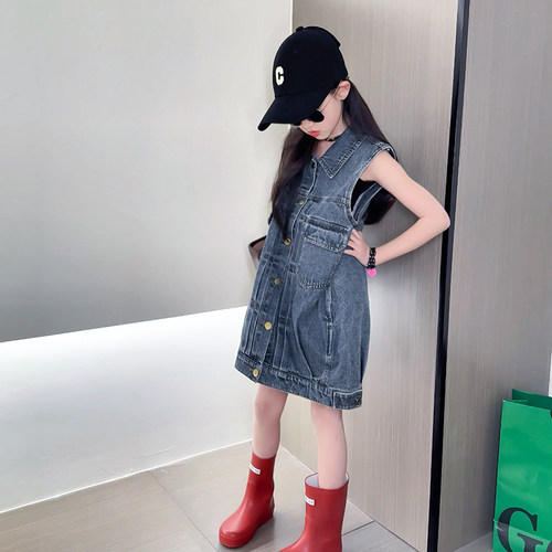 女童连衣裙牛仔夏季立体捏褶裙洋气复古女孩2025新款马甲包臀裙潮