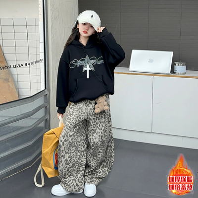 女童美式豹纹星星印花连帽卫衣