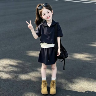 女童夏季套装2026新款洋气中大童夏装韩版连帽上衣休闲裙裤两件套
