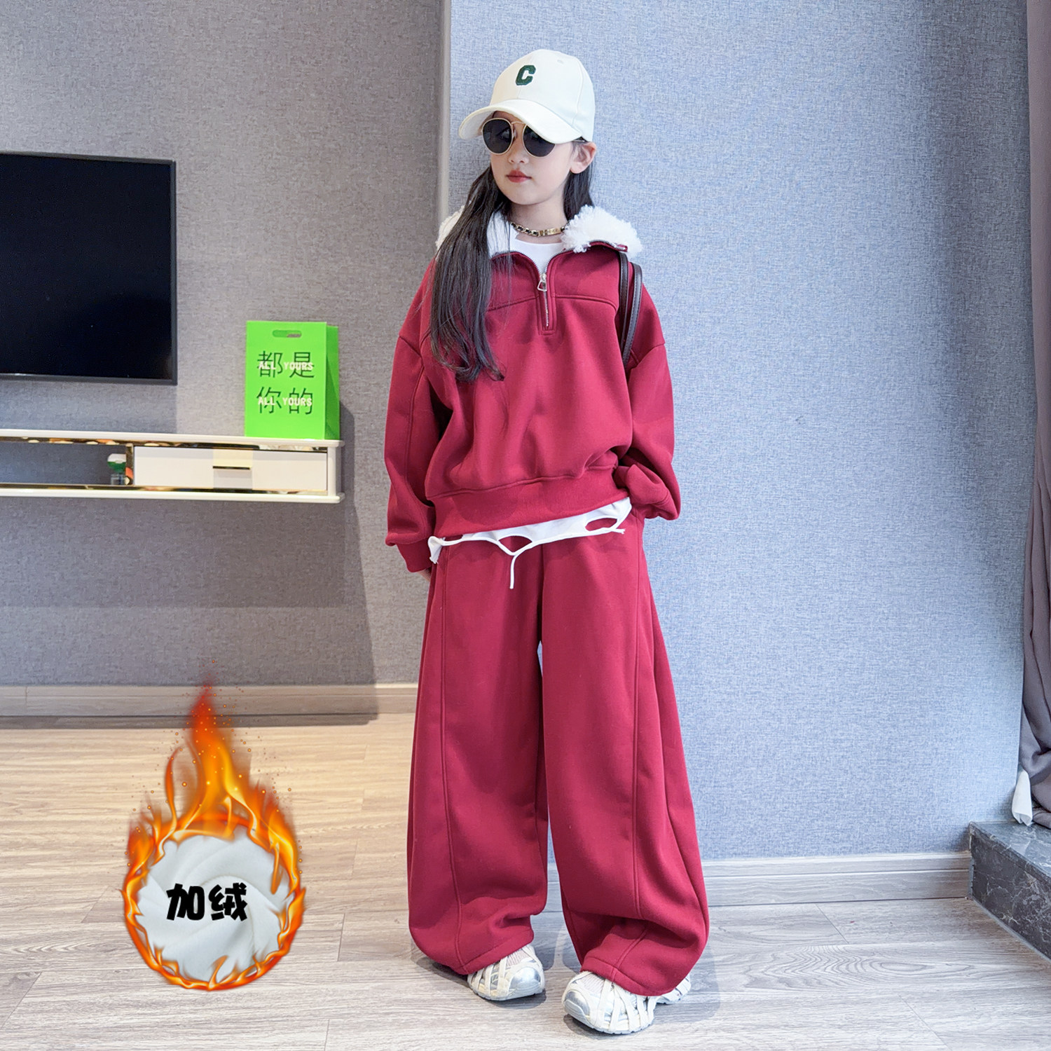女童加绒套装秋冬季2026新款大童休闲卫衣红色本命年儿童年货冬装