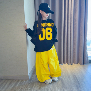 女童街舞潮服嘻哈字母印花长袖T恤2025年秋季新款美式伞兵裤套装