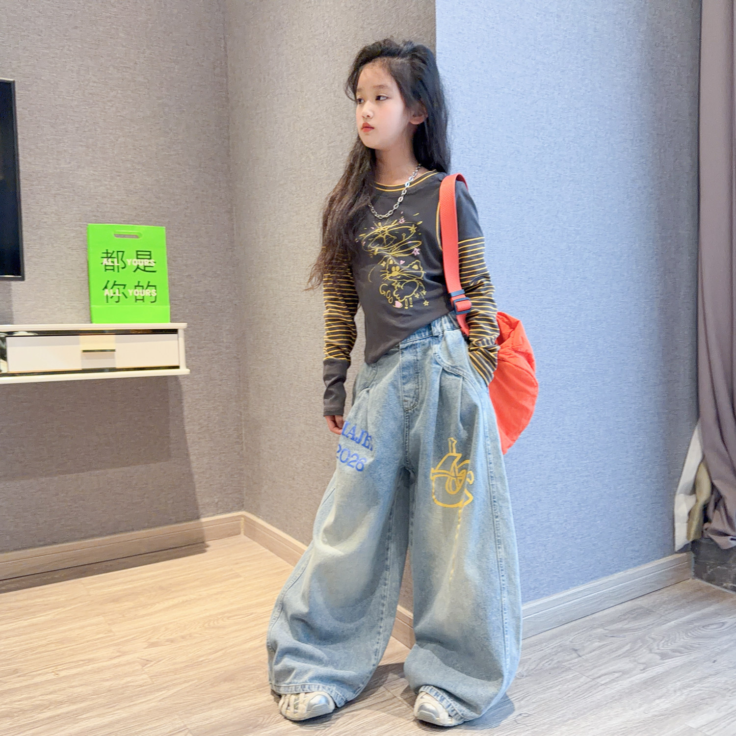 女童美式复古条纹拼接长袖T恤2026春装新款洋气女孩街舞服两件套,童装/婴儿装/亲子装,套装,淘宝优惠券,粉丝福利购,淘宝优惠卷