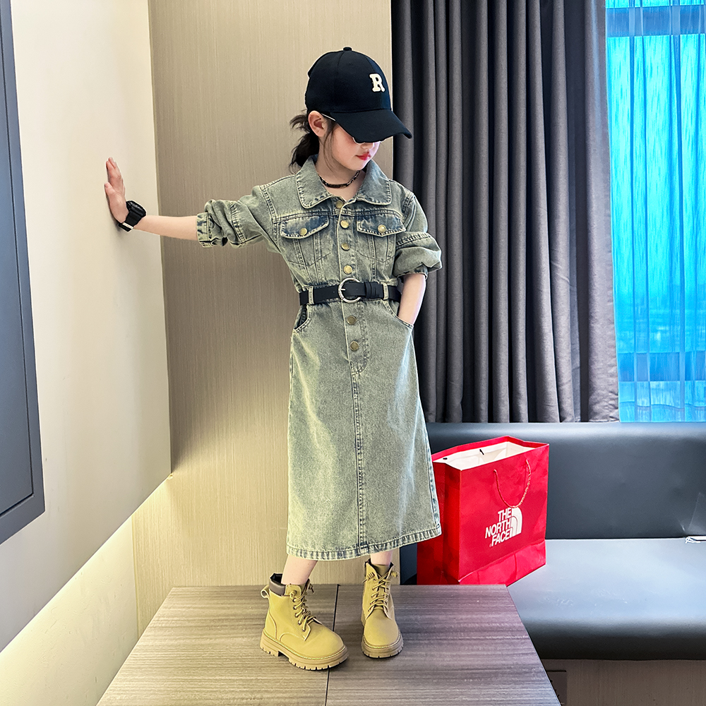 女童法式牛仔连衣裙春秋季2025新款中大童洋气复古儿童时髦长裙子
