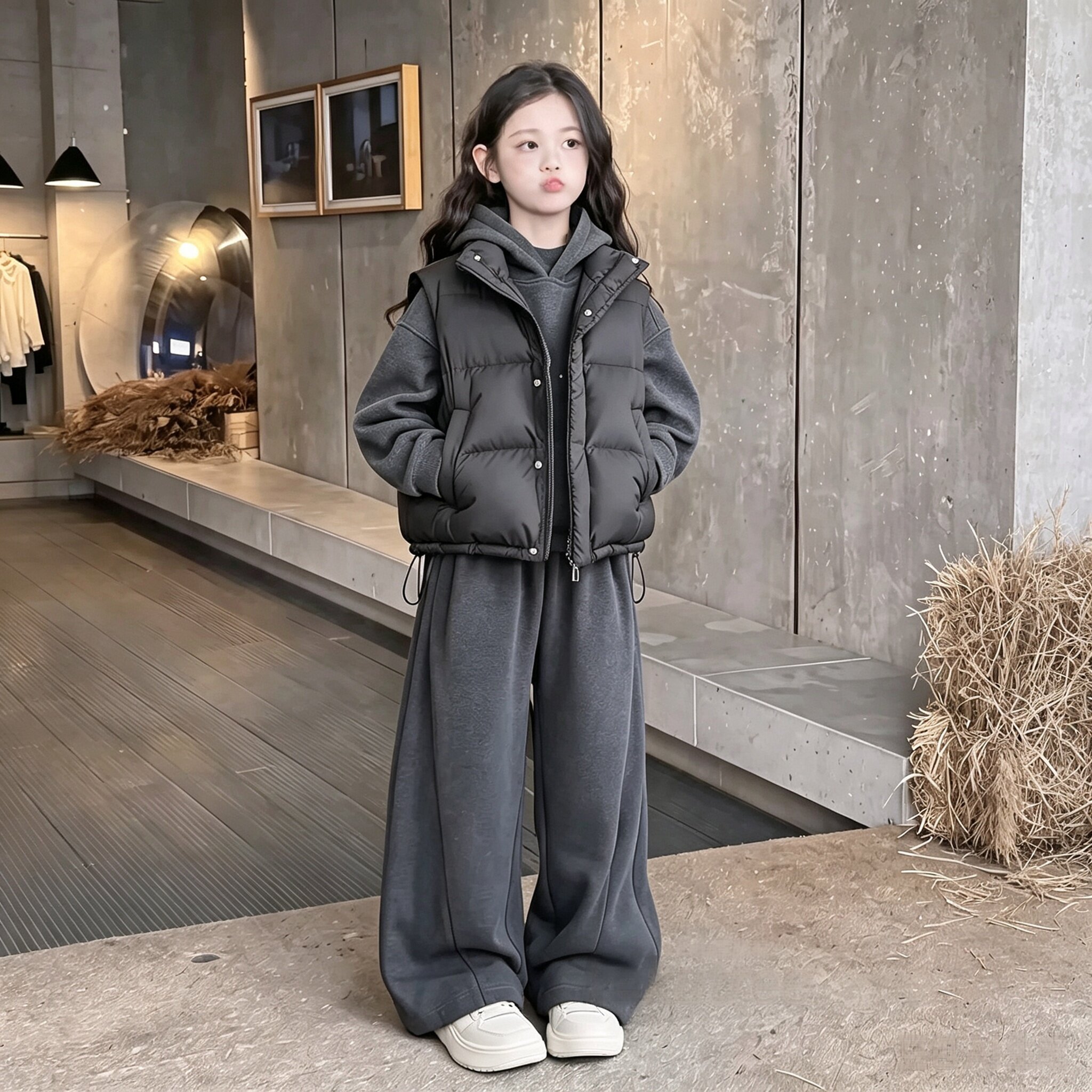 女童套装秋冬款2026新款儿童冬季夹棉马甲女孩加绒卫衣卫裤三件套