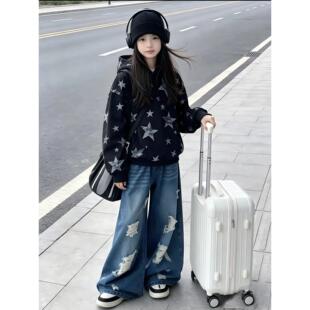 女童连帽星星卫衣潮流套装2026春秋新款大童洋气破洞牛仔裤两件套