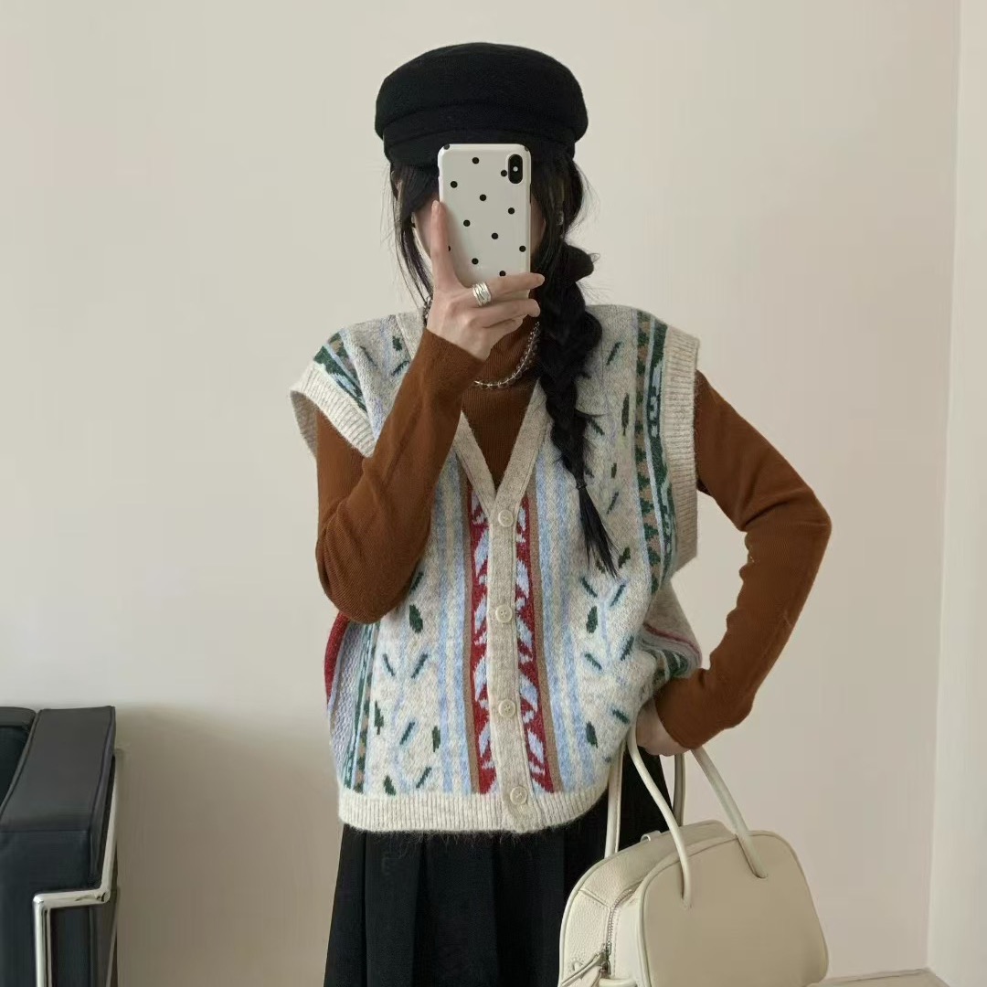 设计感小众复古无袖针织开衫彩色拼接背心外套女2025年新款秋季潮