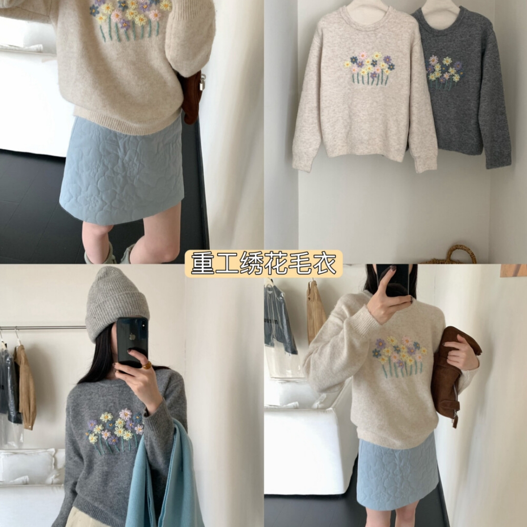 冬上新韩系重工刺绣花朵圆领保暖毛衣