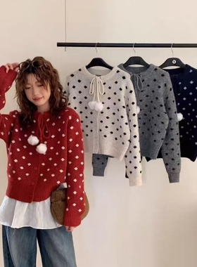 洋气百搭灰色波点针织开衫女春季2026新款叠穿设计感小众显瘦长袖