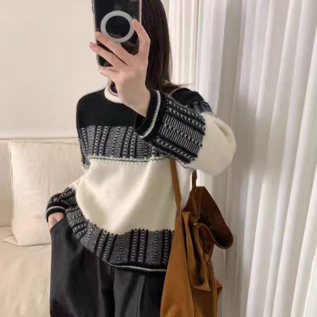 韩系高级感撞色提花圆领套头费尔岛毛衣女秋冬季慵懒风宽松针织衫