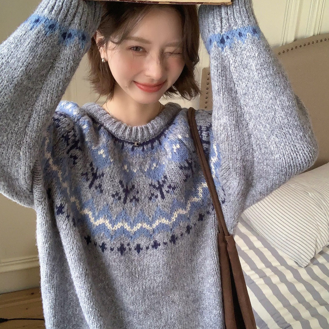 超好看灰色慵懒风费尔岛复古粗线衣女秋冬小众圣诞针织衫上衣