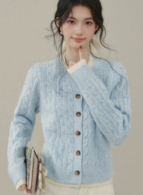 蓝色毛衣开衫女2026春装新款休闲百搭氛围感假两件拼接针织衫